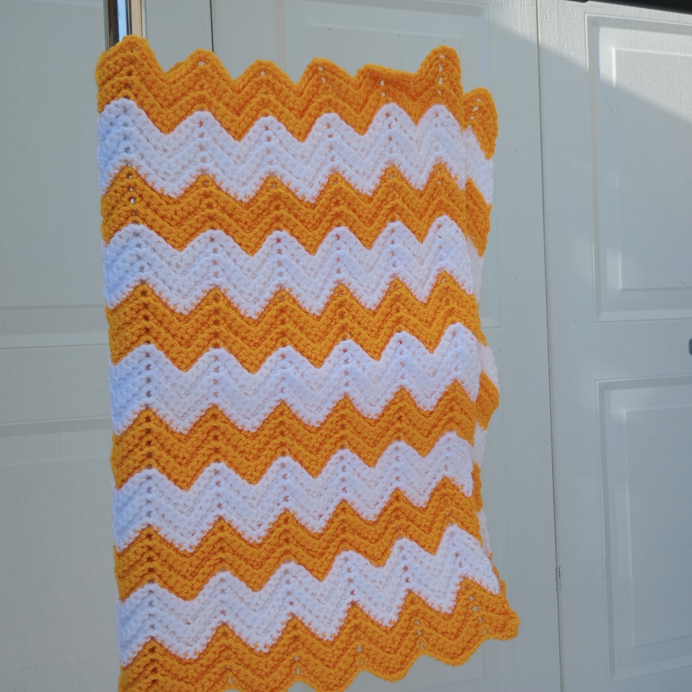 Hand Crafted Orange and White Chevron Blanket